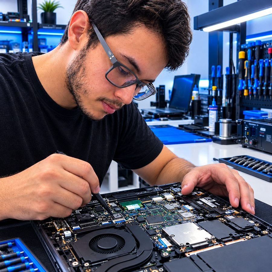 Técnico reparando a placa de um notebook na bancada