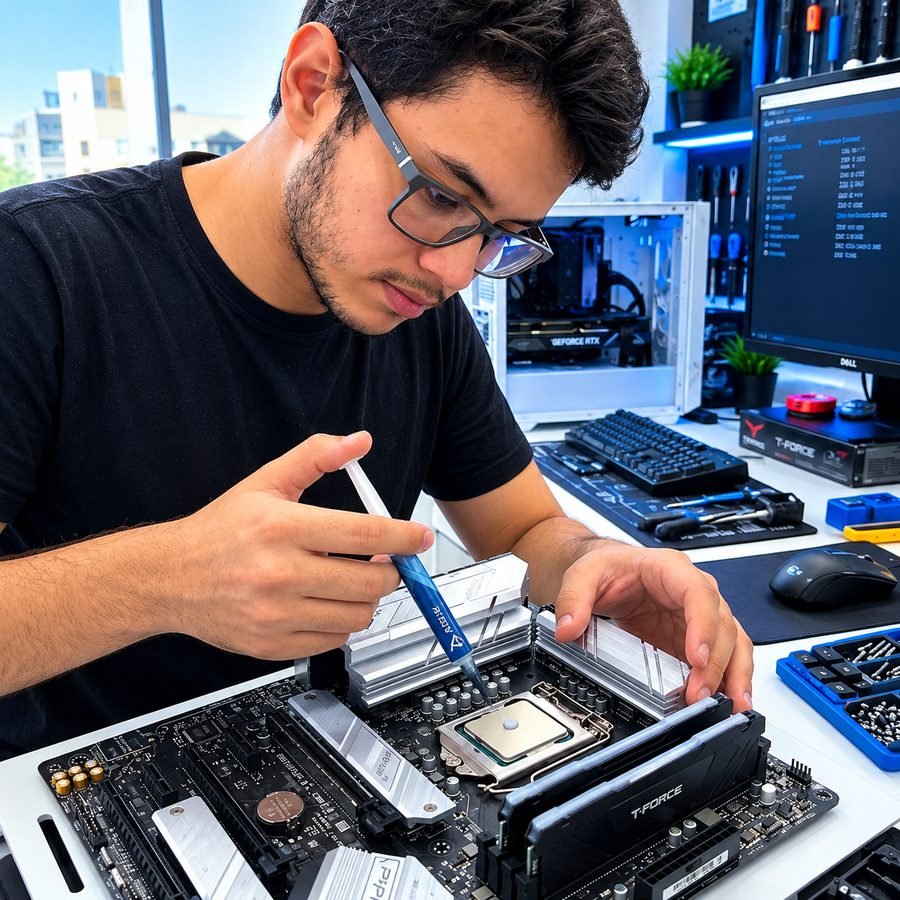 Técnico aplicando pasta térmica no processador de uma placa-mãe