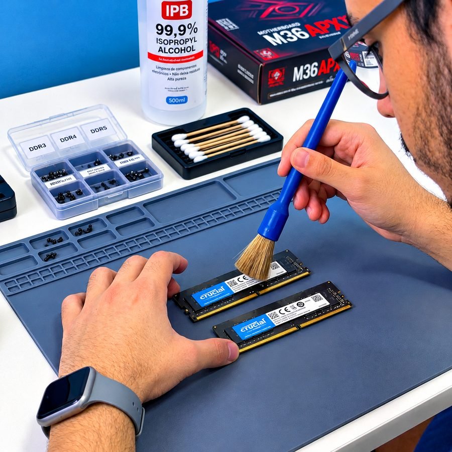 Técnico limpando memórias RAM com um pincel antiestático
