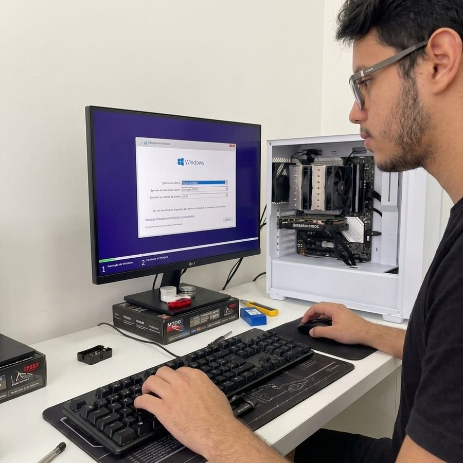 Técnico instalando o Windows em um computador