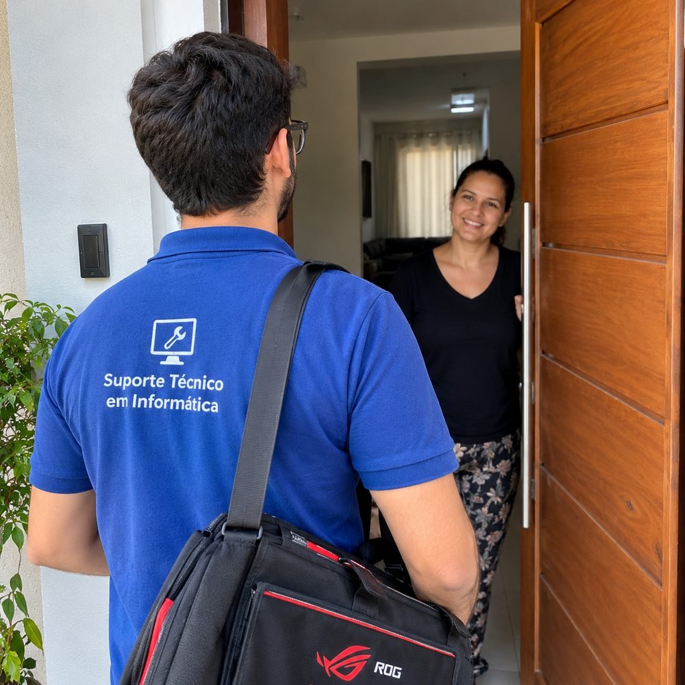 Técnico de suporte em informática sendo recebido por uma cliente na porta de casa